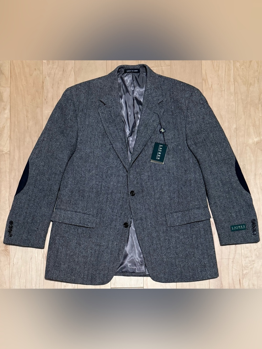 Lauren Ralph Lauren Wool Tweed Blazer Gray Herringbone Elbow Patch Men’s 44R